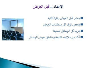 ‫اإلعداد‬
–
‫العرض‬ ‫قبل‬

‫كافية‬‫ة‬ ‫ر‬
‫بفت‬ ‫العرض‬ ‫قبل‬ ‫ر‬
‫احض‬

‫العرض‬ ‫متطلبات‬ ‫كل‬‫توفر‬ ‫تفحص‬

‫مسبقا‬ ‫الوسائل‬ ‫كل‬‫جرب‬

‫الوسائل‬ ‫عرض‬ ‫ومناطق‬ ‫القاعة‬ ‫مالئمة‬ ‫من‬ ‫تأكد‬
 