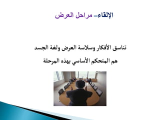 ‫الجسد‬ ‫ولغة‬‫العرض‬ ‫وسالسة‬‫فكار‬‫ال‬ ‫تناسق‬
‫المرحلة‬‫بهذه‬ ‫ساسي‬‫ال‬‫المتحكم‬‫هم‬
‫اإللقا‬
–
‫العرض‬ ‫مراحل‬
 