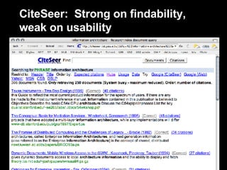 CiteSeer:  Strong on findability, weak on usability 