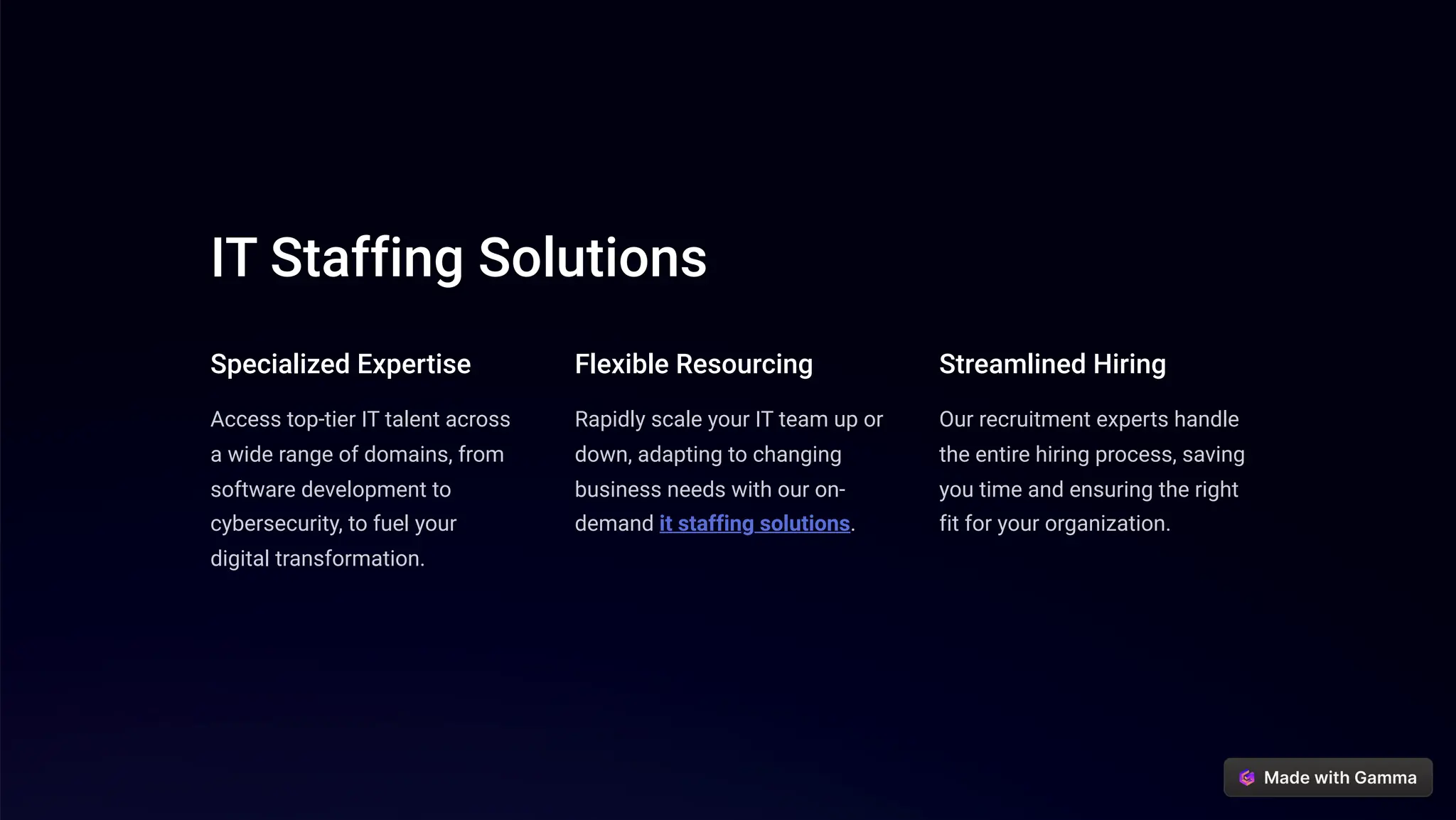 IT Staffing Solutions
Specialized Expertise
Access top-tier IT talent across
a wide range of domains, from
software development to
cybersecurity, to fuel your
digital transformation.
Flexible Resourcing
Rapidly scale your IT team up or
down, adapting to changing
business needs with our on-
demand it staffing solutions.
Streamlined Hiring
Our recruitment experts handle
the entire hiring process, saving
you time and ensuring the right
fit for your organization.
 