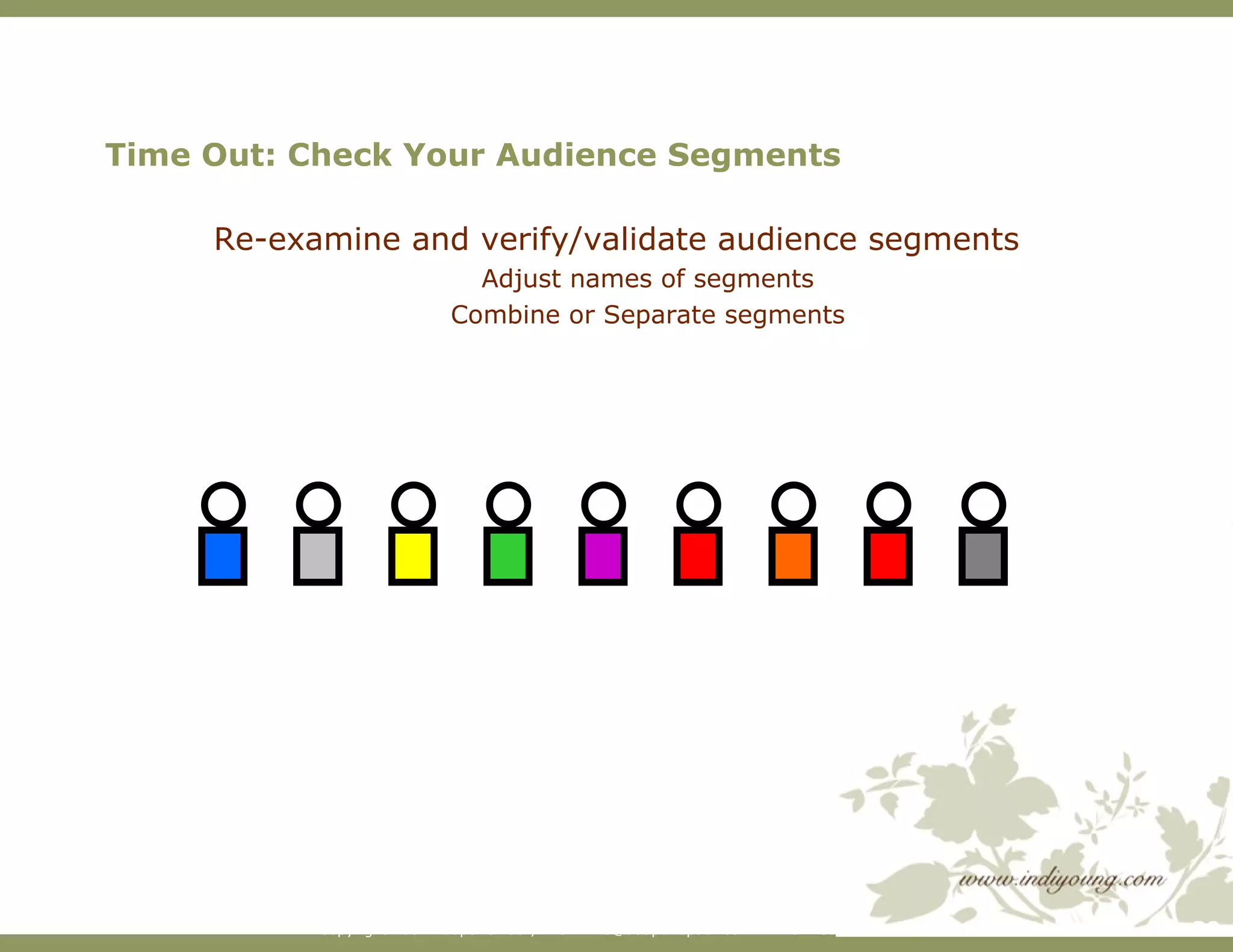 Time Out: Check Your Audience Segments Re-examine and verify/validate audience segments Adjust names of segments Combine or Separate segments 