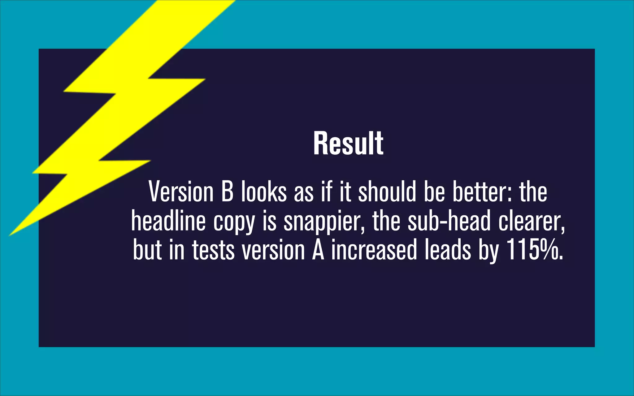 Result
Version B looks as if it should be better: the
headline copy is snappier, the sub-head clearer,
but in tests version A increased leads by 115%.

 