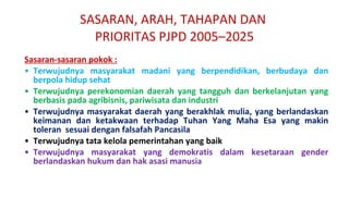 S asaran-sasaran pokok  : Terwujudnya masyarakat madani yang berpendidikan, berbudaya dan berpola hidup sehat Terwujudnya perekonomian daerah yang tangguh dan berkelanjutan yang berbasis pada agribisnis, pariwisata dan industri Terwujudnya masyarakat daerah yang berakhlak mulia, yang berlandaskan keimanan dan ketakwaan terhadap Tuhan Yang Maha Esa yang makin toleran  sesuai dengan falsafah Pancasila Terwujudnya tata kelola pemerintahan yang baik Terwujudnya masyarakat yang demokratis dalam kesetaraan gender berlandaskan hukum dan hak asasi man usia SASARAN,  ARAH, TAHAPAN DAN  PRIORITAS  PJPD  2005–2025 