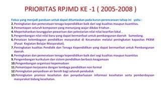 PRIORITAS RPJMD KE -1 ( 2005-2008 ) F okus yang menjadi panduan untuk dapat dituntaskan pada kurun perencanaan tahap ini  yaitu : Peningkatan dan pemerataan tenaga kependidikan baik dari segi kualitas maupun kuantitas.  Pemantapan seluruh komponen yang menunjang wajar dikdas 9 tahun . Mepertahankan keunggulan pewarisan dan pelestarian nilai-nilai kearifan lokal . Pengembangan nilai-nilai baru yang dapat bermanfaat untuk pembangunan daerah  Sumedang. Penataan kelembagaan pendidikan masyarakat di Kecamatan melalui peningkatan kapasitas PKBM (Pusat  Kegiatan Belajar Masyarakat). Peningkatan kualitas Pendidik dan Tenaga Kependidikan yang dapat bermanfaat untuk Pembangunan daerah.  Peningkatan dan pemerataan tenaga kependidikan baik dari segi kualitas maupun kuantitas Pengembangan kurikulum dan sistem pendidikan berbasis keagamaan Pengembangan organisasi kepemudaan Pemantapan kerjasama dengan lembaga pendidikan non formal Peningkatan penyediaan air bersih bagi seluruh penduduk Peningkatan promosi kesehatan dan penyebarluasan informasi kesehatan serta pemberdayaan masyarakat bidang kesehatan. 
