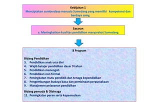 Kebijakan 1 Menciptakan sumberdaya manusia Sumedang yang memiliki  kompetensi dan berdaya saing  8 Program Bidang Pendidikan Pendidikan anak usia dini Wajib belajar pendidikan dasar 9 tahun Pendidikan menengah Pendidikan non formal Peningkatan mutu pendidik dan tenaga kependidikan Pengembangan budaya baca dan pembinaan perpustakaan Manajemen pelayanan pendidikan Bidang pemuda & Olahraga Peningkatan peran serta kepemudaan Sasaran a. Meningkatkan kualitas pendidikan masyarakat Sumedang 
