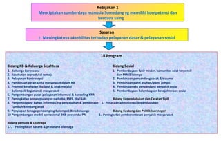 Kebijakan 1 Menciptakan sumberdaya manusia Sumedang yg memiliki kompetensi dan berdaya saing  18 Program Bidang KB & Keluarga Sejahtera   Bidang Sosial 1.  Keluarga Berencana   1.  Pemberdayaan fakir miskin, komunitas adat terpencil 2.  Kesehatan reproduksi remaja     dan PMKS lainnya  3.  Pelayanan kontrasepsi   2.  Pembinaan penyandang cacat & trauma 4.  Pembinaan peran serta masyarakat dalam KB   3.  Pembinaan panti asuhan/panti jompo 5.  Promosi kesehatan ibu bayi & anak melalui   4.  Pembinaan eks penyandang penyakit sosial kelompok kegiatan di masyarakat   5.  Pemberdayaan kelembagaan kesejahteraan sosial 6.  Pengembangan pusat pelayanan informasi & konseling KRR 7.  Peningkatan penanggulangan narkoba, PMS, Hiv/Aids   Bidang Kependudukan dan Catatan Sipil   8.  Pengembagang bahan informasi ttg pengasuhan & pembinaan  1.  Penataan administrasi kependudukan Tumbuh kembang anak 9.  Penyiapan tenaga pendamping Kelompok Bina keluarga   Bidang Kesbang dan Politik luar negeri 10 Pengembangan model operasional BKB-posyandu-PA  1.  Peningkatan pemberantasan penyakit masyarakat Bidang pemuda & Olahraga Peningkatan sarana & prasarana olahraga Sasaran c. Meningkatnya aksebilitas terhadap pelayanan dasar & pelayanan sosial 