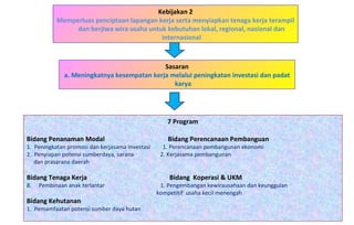 Kebijakan 2 Memperluas penciptaan lapangan kerja serta menyiapkan tenaga kerja terampil dan berjiwa wira usaha untuk kebutuhan lokal, regional, nasional dan internasional 7 Program Bidang Penanaman Modal   Bidang Perencanaan Pembanguan  1.  Peningkatan promosi dan kerjasama investasi  1. Perencanaan pembangunan ekonomi 2.  Penyiapan potensi sumberdaya, sarana  2. Kerjasama pembangunan  dan prasarana daerah  Bidang Tenaga Kerja   Bidang  Koperasi & UKM Pembinaan anak terlantar  1. Pengembangan kewirausahaan dan keunggulan kompetitif  usaha kecil menengah Bidang Kehutanan 1.  Pemamfaatan potensi sumber daya hutan Sasaran a. Meningkatnya kesempatan kerja melalui peningkatan investasi dan padat karya 
