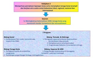 Kebijakan 2 Memperluas penciptaan lapangan kerja serta menyiapkan tenaga kerja terampil dan berjiwa wira usaha untuk kebutuhan lokal, regional, nasional dan internasional 7 Program Bidang Sosial   Bidang  Pemuda  & Olahraga 1. Pemberdayaan fakir miskin, komunitas adat  1. Peningkatan upaya penumbuhan kewirausahaan terpencil dan PMKS    dan kecakapan hidup pemuda   2. Peningkatan peran serta kepemudaan   3. Pengembangan kebijakan  & manajemen olahraga Bidang Tenaga Kerja   Bidang  Koperasi & UKM 1.  Peningkatan kualitas & produktifitas  1. Pengembangan kewirausahaan & keunggulan tenaga kerja   kompetitif  usaha kecil menengah 2.  Perlindungan pengembangan lembaga  ketenagakerjaan   Sasaran b. Meningkatnya ketersediaan SDM, tenaga kerja yang memenuhi standar kompetensi dan wirausahawan 