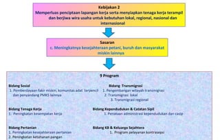 Kebijakan 2 Memperluas penciptaan lapangan kerja serta menyiapkan tenaga kerja terampil dan berjiwa wira usaha untuk kebutuhan lokal, regional, nasional dan internasional 9 Program Bidang Sosial   Bidang  Transmigrasi 1. Pemberdayaan fakir miskin, komunitas adat  terpencil  1. Pengembangan wilayah transmigrasi dan penyandang PMKS lainnya   2. Transmigrasi  lokal    3. Transmigrasi regional Bidang Tenaga Kerja  Bidang Kependudukan & Catatan Sipil 1.  Peningkatan kesempatan kerja   1. Penataan administrasi kependudukan dan casip  Bidang Pertanian   Bidang KB & Keluarga Sejahtera 1. Peningkatan kesejahteraan pertanian   1.  Program pelayanan kontrasepsi    2. Peningkatan ketahanan pangan Sasaran c. Meningkatnya kesejahteraan petani, buruh dan masyarakat miskin lainnya 