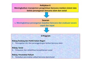 Kebijakan 6 Meningkatkan manajemen pengelolaan bencana melalui sistem tata kelola penanganan bencana alam dan sosial 3 Program Bidang Kesbang dan Politik Dalam Negeri   Pencegahan dini dan penanggulangan korban bencana alam Bidang  Sosial Pelayanan dan rehabilitasi kesejahteraan sosial Bidang  Perumahan Rakyat Perbaikan perumahan akibat bencana alam/sosial Sasaran c. Meningkatnya penanganan kejadian bencana dan evakuasi secara cepat dan tepat 
