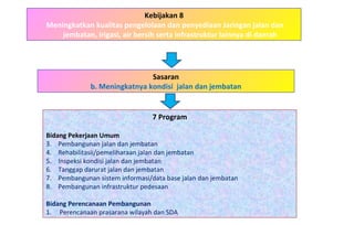 Kebijakan 8 Meningkatkan kualitas pengelolaan dan penyediaan Jaringan jalan dan jembatan, irigasi, air bersih serta infrastruktur lainnya di daerah 7 Program Bidang Pekerjaan Umum   Pembangunan jalan dan jembatan Rehabilitasii/pemeliharaan jalan dan jembatan Inspeksi kondisi jalan dan jembatan Tanggap darurat jalan dan jembatan Pembangunan sistem informasi/data base jalan dan jembatan Pembangunan infrastruktur pedesaan Bidang Perencanaan Pembangunan 1.  Perencanaan prasarana wilayah dan SDA Sasaran b. Meningkatnya kondisi  jalan dan jembatan 