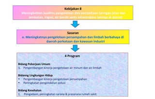 Kebijakan 8 Meningkatkan kualitas pengelolaan dan penyediaan Jaringan jalan dan jembatan, irigasi, air bersih serta infrastruktur lainnya di daerah 4 Program Bidang Pekerjaan Umum   Pengembangan kinerja pengelolaan air minum dan air limbah Bidanng Lingkungan Hidup Pengembangan kinerja pengelolaan persampahan Peningkatan pengendalian polusi Bidang Kesehatan 1.  Pengadaan, peningkatan sarana & prasarana rumah sakit Sasaran e. Meningkatnya pengelolaan persampahan dan limbah berbahaya di daerah perkotaan dan kawasan industri 