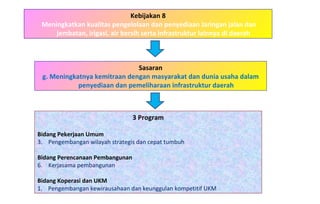 Kebijakan 8 Meningkatkan kualitas pengelolaan dan penyediaan Jaringan jalan dan jembatan, irigasi, air bersih serta infrastruktur lainnya di daerah 3 Program Bidang Pekerjaan Umum   Pengembangan wilayah strategis dan cepat tumbuh Bidang Perencanaan Pembangunan Kerjasama pembangunan Bidang Koperasi dan UKM 1.  Pengembangan kewirausahaan dan keunggulan kompetitif UKM Sasaran g. Meningkatnya kemitraan dengan masyarakat dan dunia usaha dalam penyediaan dan pemeliharaan infrastruktur daerah 