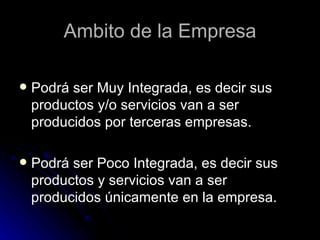 Ambito de la Empresa

   Podrá ser Muy Integrada, es decir sus
    productos y/o servicios van a ser
    producidos por terceras empresas.

   Podrá ser Poco Integrada, es decir sus
    productos y servicios van a ser
    producidos únicamente en la empresa.
 