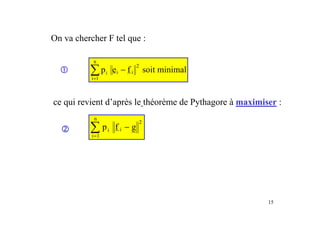 15
On va chercher F tel que :
c p e f
i i i
i
n
soit minimal
−
=
∑
2
1
ce qui revient d’après le théorème de Pythagore à maximiser :
d p f g
i i
i
n
−
=
∑
2
1
 