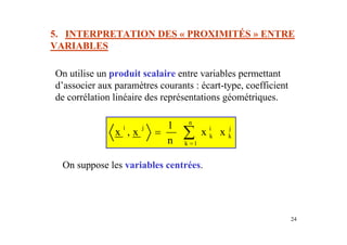 24
5. INTERPRETATION DES « PROXIMITÉS » ENTRE
VARIABLES
On utilise un produit scalaire entre variables permettant
d’associer aux paramètres courants : écart-type, coefficient
de corrélation linéaire des représentations géométriques.
n
i j i j
k k
k 1
1
x , x x x
n =
= ∑
On suppose les variables centrées.
 