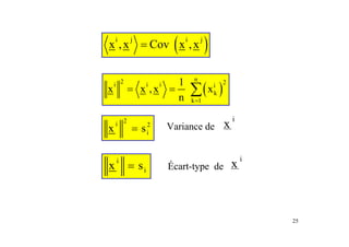 25
( )
n
2 2
i i i i
k
k 1
1
x x ,x x
n =
= = ∑
2
i 2
i
x s
= x i
Variance de
i
i
x s
= Écart-type de x i
( )
i j i j
x ,x Cov x ,x
=
 