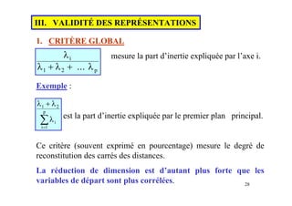 28
III. VALIDITÉ DES REPRÉSENTATIONS
1. CRITÈRE GLOBAL
mesure la part d’inertie expliquée par l’axe i.
Exemple :
est la part d’inertie expliquée par le premier plan principal.
Ce critère (souvent exprimé en pourcentage) mesure le degré de
reconstitution des carrés des distances.
La réduction de dimension est d’autant plus forte que les
variables de départ sont plus corrélées.
λ
λ λ λ
i
p
1 2
+ + ...
λ λ
λ
1 2
1
+
=
∑ i
i
p
 
