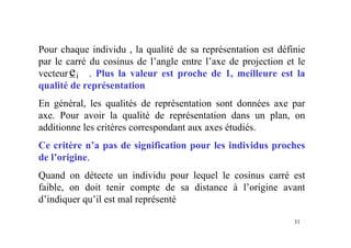 31
Pour chaque individu , la qualité de sa représentation est définie
par le carré du cosinus de l’angle entre l’axe de projection et le
vecteur . Plus la valeur est proche de 1, meilleure est la
qualité de représentation
En général, les qualités de représentation sont données axe par
axe. Pour avoir la qualité de représentation dans un plan, on
additionne les critères correspondant aux axes étudiés.
Ce critère n’a pas de signification pour les individus proches
de l’origine.
Quand on détecte un individu pour lequel le cosinus carré est
faible, on doit tenir compte de sa distance à l’origine avant
d’indiquer qu’il est mal représenté
ei
 