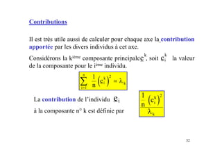 32
Contributions
Il est très utile aussi de calculer pour chaque axe la contribution
apportée par les divers individus à cet axe.
Considérons la kième composante principale , soit la valeur
de la composante pour le ième individu.
ck
ci
k
( )
1
1
2
n
c
i
n
i
k
k
=
∑ = λ
La contribution de l’individu
à la composante n° k est définie par
( )
1 2
n
ci
k
k
λ
ei
 