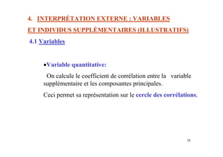 35
4. INTERPRÉTATION EXTERNE : VARIABLES
ET INDIVIDUS SUPPLÉMENTAIRES (ILLUSTRATIFS)
4.1 Variables
•Variable quantitative:
On calcule le coefficient de corrélation entre la variable
supplémentaire et les composantes principales.
Ceci permet sa représentation sur le cercle des corrélations.
 