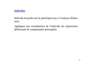 37
Individu de poids nul ne participant pas à l’analyse (fichier
test).
Appliquer aux coordonnées de l’individu les expressions
définissant les composantes principales.
Individus
 