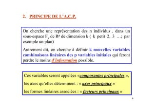 6
On cherche une représentation des n individus , dans un
sous-espace Fk de Rp de dimension k ( k petit 2, 3 …; par
exemple un plan)
Autrement dit, on cherche à définir k nouvelles variables
combinaisons linéaires des p variables initiales qui feront
perdre le moins d’information possible.
2. PRINCIPE DE L’A.C.P.
Ces variables seront appelées «composantes principales »,
les axes qu’elles déterminent : « axes principaux »
les formes linéaires associées : « facteurs principaux »
 