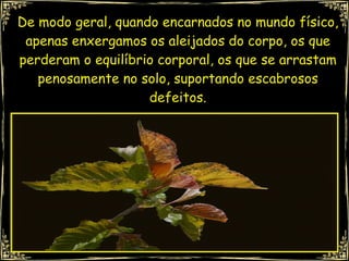 De modo geral, quando encarnados no mundo físico, apenas enxergamos os aleijados do corpo, os que perderam o equilíbrio corporal, os que se arrastam penosamente no solo, suportando escabrosos defeitos. 