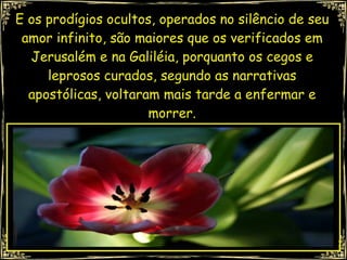 E os prodígios ocultos, operados no silêncio de seu amor infinito, são maiores que os verificados em Jerusalém e na Galiléia, porquanto os cegos e leprosos curados, segundo as narrativas apostólicas, voltaram mais tarde a enfermar e morrer. 