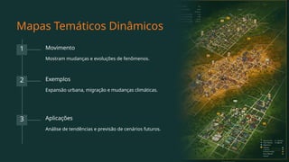 Mapas Temáticos Dinâmicos
1 Movimento
Mostram mudanças e evoluções de fenômenos.
2 Exemplos
Expansão urbana, migração e mudanças climáticas.
3 Aplicações
Análise de tendências e previsão de cenários futuros.
 