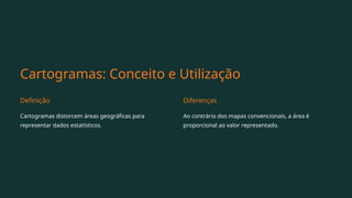 Cartogramas: Conceito e Utilização
Definição
Cartogramas distorcem áreas geográficas para
representar dados estatísticos.
Diferenças
Ao contrário dos mapas convencionais, a área é
proporcional ao valor representado.
 