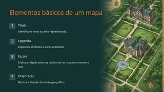 Elementos básicos de um mapa
1 Título
Identifica o tema ou área representada.
2 Legenda
Explica os símbolos e cores utilizados.
3 Escala
Indica a relação entre as distâncias no mapa e no terreno
real.
4 Orientação
Mostra a direção do Norte geográfico.
 