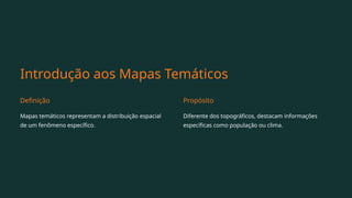 Introdução aos Mapas Temáticos
Definição
Mapas temáticos representam a distribuição espacial
de um fenômeno específico.
Propósito
Diferente dos topográficos, destacam informações
específicas como população ou clima.
 