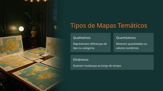 Tipos de Mapas Temáticos
Qualitativos
Representam diferenças de
tipo ou categoria.
Quantitativos
Mostram quantidades ou
valores numéricos.
Dinâmicos
Ilustram mudanças ao longo do tempo.
 