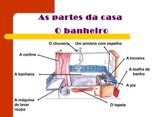 As partes da casa
O banheiro
O chuveiro Um armário com espelho
A torneira
A toalha de
banho
O tapete
A máquina
de lavar
roupa
A banheira
A cortina
A pia