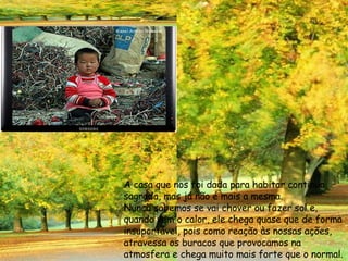 A casa que nos foi dada para habitar continua  sagrada, mas já não é mais a mesma. Nunca sabemos se vai chover ou fazer sol e, quando vem o calor, ele chega quase que de forma  insuportável, pois como reação às nossas ações,  atravessa os buracos que provocamos na  atmosfera e chega muito mais forte que o normal. 