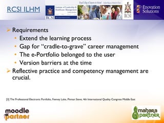RCSI ILHM Requirements Extend the learning process Gap for “cradle-to-grave” career management The e-Portfolio belonged to the user Version barriers at the time Reflective practice and competency management are crucial. [3] The Professional Electronic Portfolio, Feeney Luke, Pitman Steve, 4th International Quality Congress Middle East 