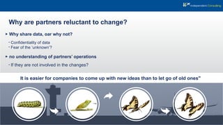 Why share data, oar why not?
Conﬁdentiality of data
Fear of the ‘unknown’?
Why are partners reluctant to change?
It is easier for companies to come up with new ideas than to let go of old ones"
no understanding of partners’ operations
If they are not involved in the changes?
 