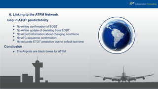 Gap in ATOT predictability
6. Linking to the ATFM Network
Conclusion
No Airline conﬁrmation of EOBT
No Airline update of deviating from EOBT
No Airport information about changing conditions
No ATC sequence conﬁrmation
No accurate ETOT prediction due to default taxi time
The Airports are black boxes for ATFM
 