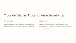 Tipos de Células: Procariontes e Eucariontes
Procariontes
Células simples, sem núcleo definido, como bactérias e
arqueias. Possuem DNA circular disperso no citoplasma.
Eucariontes
Células mais complexas, com núcleo definido, como
plantas, animais e fungos. Possuem DNA linear organizado
em cromossomos.
 