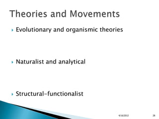    Evolutionary and organismic theories




   Naturalist and analytical




   Structural-functionalist


            ...