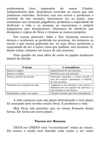 pudéssemos      viver   separados    do    nosso    Criador,
independentes dele. Queríamos controlar as coisas que não
podíamos controlar, inclusive uns aos outros e perdemos o
controle de nós mesmos. Queríamos ser os juízes, mas
acabamos nos tornando julgadores; perdemos a capacidade de
desfrutar a vida e as pessoas ao exercermos o próprio
julgamento que desejávamos. Deixamos de obedecer aos
desígnios e regras de Deus e criamos os nossos próprios.
     Em outras palavras, Adão e Eva tentaram tornar-se
deuses e acabaram se perdendo no processo. Ao tentarem se
tornar o que nunca poderiam ser, ou seja, Deus, perderam a
capacidade de ser a única coisa que podiam, eles mesmos. E,
desde então, estamos em busca de nós mesmos.
    Esse quadro dá uma idéia de como os papéis mudaram
depois da Queda:


              O desejo                           A conseqüência
Somos a origem                         Dependemos de nós mesmos
Somos o criador                        Existimos por nós mesmos
Temos controle do mundo                Tentamos controlar o nosso mundo e
                                       uns aos outros e perdemos o controle
                                       de nós mesmos
Tornamo-nos os juízes da vida          Julgamos a nós mesmos e aos outros e
                                       deixamos de ser capazes de apreciar a
                                       nós mesmos e aos outros
Planejamos a vida e as regras          Vivemos do jeito que bem entendemos


     A vida começou com um plano determinado e esse plano
foi usurpado pela revolta contra Deus. E perdemos a vida.
    Mas Deus não permitiu que as coisas ficassem dessa
forma. Ele tinha um outro plano.


                          TERCEIRO   ATO:   REDENÇÃO

    DEUS em CRISTO está “reconciliando” todas as coisas.
Ele estava e ainda está fazendo tudo voltar a ser como
 