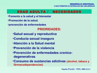 DESARROLLO INDIVIDUAL
                                     CARACTERISTICAS GENERALES DEL DESARROLLO


       EDAD ADULTA /                 NECESIDADES
•Fomento a la salud y el bienestar
•Promoción de la salud.
•prevención de enfermedades
                   PRIORIDADES:
   •Salud sexual y reproductiva
   •Conducta sexual insegura
   •Atención a la Salud mental
   •Prevención de la violencia
   •Prevención de enfermedades cronico-
    degenerativas
   •Consumo de sustancias adictivas (alcohol, tabaco y
    f
    fármacodependencias)
                                            Papalia (Papalia, 1998); OMS (2003)
                                                                          2
 