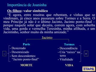 Importância de Joaninha Os filhos : valor simbólico “ E agora, entre roseiras que rebentam, e vinhas que se vindimam, já cinco anos passaram sobre Tormes e a Serra. O meu Príncipe já não é o último Jacinto, Jacinto ponto-final – porque naquele solar que decaíra, correm agora, com soberba vida, uma gorda e vermelha Teresinha, minha afilhada, e um Jacintinho, senhor muito da minha amizade. ” Jacinto Paris - Desterrado - Desenraizado - Sem descendentes: “Jacinto ponto-final” MORTE Tormes - Descendência - Cria “raízes” na terra - Vitalidade VIDA + – 