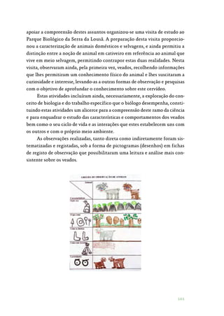 101
apoiar a compreensão destes assuntos organizou-se uma visita de estudo ao
Parque Biológico da Serra da Lousã. A preparação desta visita proporcio‑
nou a caracterização de animais domésticos e selvagens, e ainda permitiu a
distinção entre a noção de animal em cativeiro em referência ao animal que
vive em meio selvagem, permitindo contrapor estas duas realidades. Nesta
visita, observaram ainda, pela primeira vez, veados, recolhendo informações
que lhes permitiram um conhecimento físico do animal e lhes suscitaram a
curiosidade e interesse, levando-as a outras formas de observação e pesquisas
com o objetivo de aprofundar o conhecimento sobre este cervídeo.
Estas atividades incluíram ainda, necessariamente, a exploração do con‑
ceito de biologia e do trabalho específico que o biólogo desempenha, consti‑
tuindo estas atividades um alicerce para a compreensão deste ramo da ciência
e para enquadrar o estudo das características e comportamentos dos veados
bem como o seu ciclo de vida e as interações que estes estabelecem uns com
os outros e com o próprio meio ambiente.
As observações realizadas, tanto direta como indiretamente foram sis‑
tematizadas e registadas, sob a forma de pictogramas (desenhos) em fichas
de registo de observação que possibilitaram uma leitura e análise mais con‑
sistente sobre os veados.
 