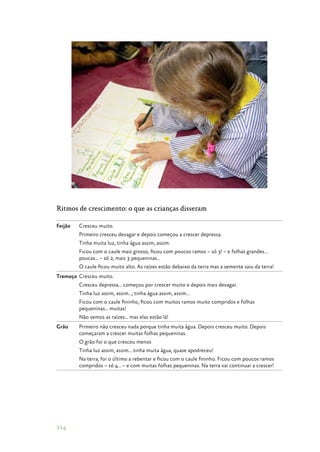 114
Ritmos de crescimento: o que as crianças disseram
Feijão Cresceu muito.
Primeiro cresceu devagar e depois começou a crescer depressa.
Tinha muita luz, tinha água assim, assim.
Ficou com o caule mais grosso, ficou com poucos ramos – só 3! – e folhas grandes…
poucas… – só 2, mais 3 pequeninas…
O caule ficou muito alto. As raízes estão debaixo da terra mas a semente saiu da terra!
Tremoço Cresceu muito.
Cresceu depressa… começou por crescer muito e depois mais devagar.
Tinha luz assim, assim…; tinha água assim, assim…
Ficou com o caule fininho, ficou com muitos ramos muito compridos e folhas
pequeninas… muitas!
Não vemos as raízes… mas elas estão lá!
Grão Primeiro não cresceu nada porque tinha muita água. Depois cresceu muito. Depois
começaram a crescer muitas folhas pequeninas.
O grão foi o que cresceu menos
Tinha luz assim, assim… tinha muita água, quase apodreceu!
Na terra, foi o último a rebentar e ficou com o caule fininho. Ficou com poucos ramos
compridos – só 4… – e com muitas folhas pequeninas. Na terra vai continuar a crescer!
 