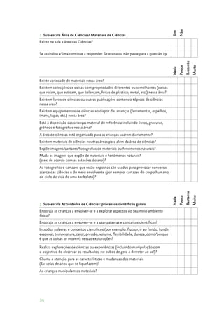 34
2. Sub­‑escala Área de Ciências/ Materiais de Ciências
Sim
Não
Existe na sala a área das Ciências?
Se assinalou «Sim» continue a responder. Se assinalou não passe para a questão 19.
Nada
Pouco
Bastante
Muito
Existe variedade de materiais nessa área?
 
 
 
 
Existem colecções de coisas com propriedades diferentes ou semelhantes (coisas
que rolam, que esticam, que balançam, feitas de plástico, metal, etc.) nessa área?
 
 
 
 
Existem livros de ciências ou outras publicações contendo tópicos de ciências
nessa área?
 
 
 
 
Existem equipamentos de ciências ao dispor das crianças (ferramentas, espelhos,
ímans, lupas, etc.) nessa área?
 
 
 
 
Está à disposição das crianças material de referência incluindo livros, gravuras,
gráficos e fotografias nessa área?
 
 
 
 
A área de ciências está organizada para as crianças usarem diariamente?
 
 
 
 
Existem materiais de ciências noutras áreas para além da área de ciências?
 
 
 
 
Expõe imagens/cartazes/fotografias de materiais ou fenómenos naturais?
 
 
 
 
Muda as imagens que expôe de materiais e fenómenos naturais?
(p ex: de acordo com as estações do ano)?
 
 
 
 
As fotografias e cartazes que estão expostos são usados para provocar conversas
acerca das ciências e do meio envolvente (por xemplo: cartazes do corpo humano,
do ciclo de vida de uma borboleta)?  
 
 
 
3. Sub­‑escala Actividades de Ciências: processos científicos gerais
Nada
Pouco
Bastante
Muito
Encoraja as crianças a envolver­‑se e a explorar aspectos do seu meio ambiente
físico?
 
 
 
 
Encoraja as crianças a envolver­‑se e a usar palavras e conceitos científicos?
 
 
 
 
Introduz palavras e conceitos cientificos (por exemplo: flutuar, ir ao fundo, fundir,
evaporar, temperatura, calor, pressão, volume, flexibilidade, dureza, como/porque
é que as coisas se movem) nessas explorações?
 
 
 
 
Realiza explorações de ciências ou experiências (incluindo manipulação com
o objectivo de observar os resultados, ex: cubos de gelo a derreter ao sol)?
 
 
 
 
Chama a atenção para as características e mudanças dos materiais
(Ex: velas de anos que se liquefazem)?
 
 
 
 
As crianças manipulam os materiais?
 
 
 
 
 