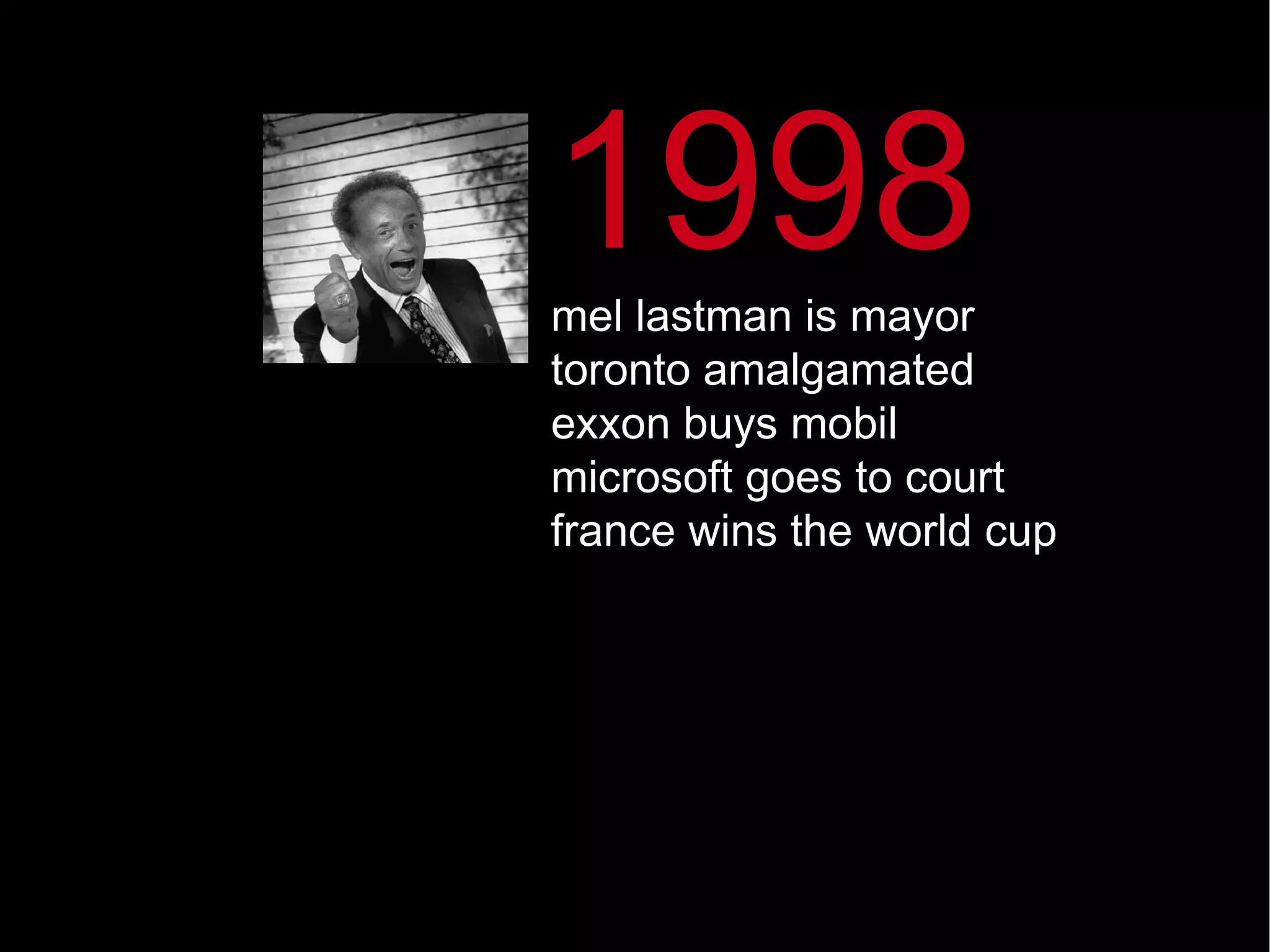 1998 mel lastman is mayor toronto amalgamated exxon buys mobil microsoft goes to court france wins the world cup 
