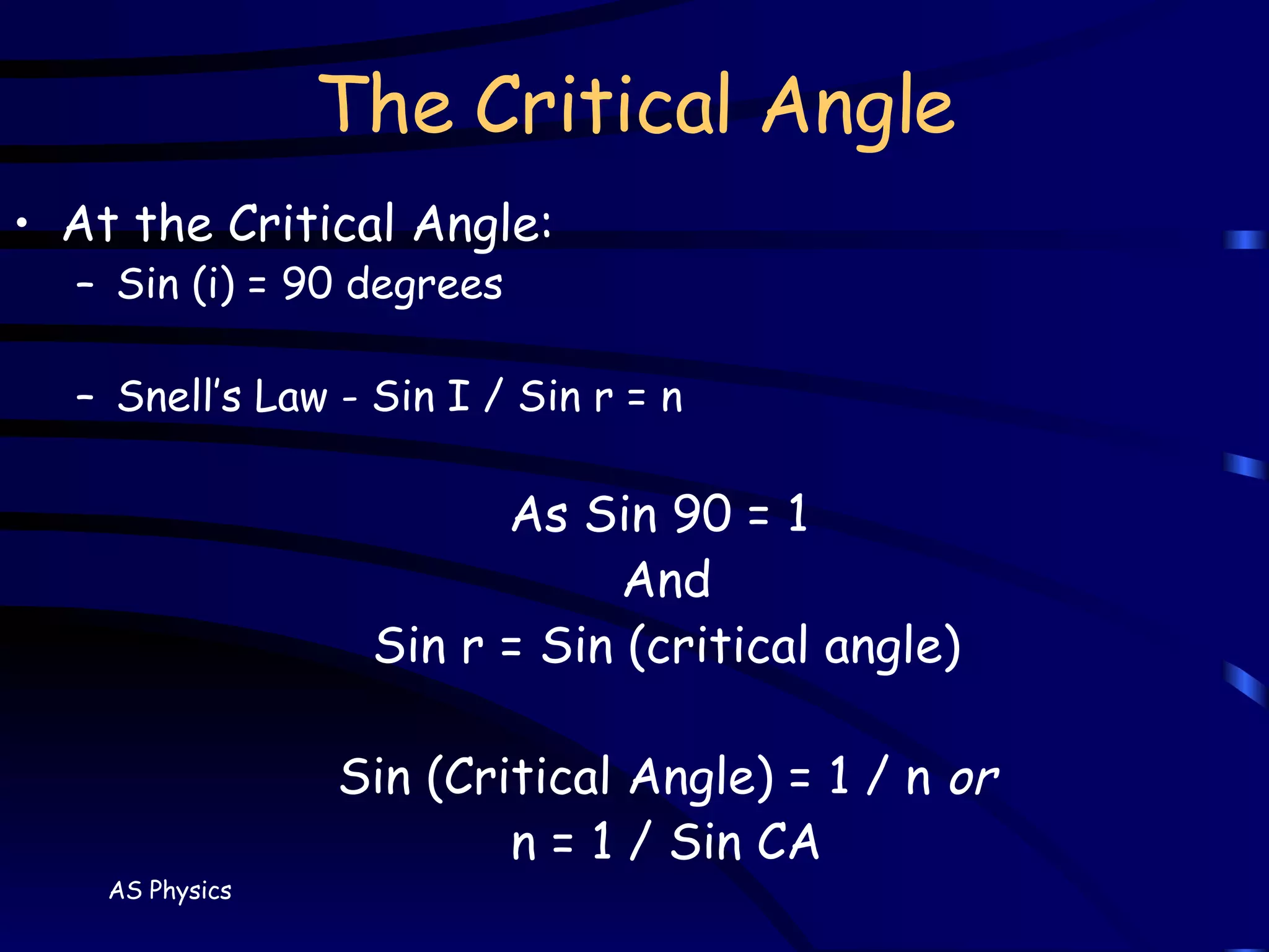 The Critical Angle At the Critical Angle: Sin (i) = 90 degrees Snell’s Law - Sin I / Sin r = n As Sin 90 = 1  And Sin r = Sin (critical angle) Sin (Critical Angle) = 1 / n  or n = 1 / Sin CA 