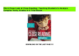 DOWNLOAD ON THE LAST PAGE !!!!
Download Here https://ebooklibrary.solutionsforyou.space/?book=141661947X The Common Core State Standards have put close reading in the spotlight as never before. While elementary school teachers are certainly willing to teach students to closely read both literary and informational text, many are wondering what, exactly, this involves. Is there a process to follow? How is close reading different from guided reading or other common literacy practices? How do you prepare students to have their ability to analyze complex texts measured by Common Core assessments? Is it even possible for students in grades K-5 to read to learn when they're only just learning to read?Literacy experts Diane Lapp, Barbara Moss, Maria Grant, and Kelly Johnson answer these questions and more as they explain how to teach young learners to be close readers and how to make close reading a habit of practice in the elementary classroom. Informed by the authors' extensive field experience and enriched by dozens of real-life scenarios and downloadable tools and templates, this book exploresText complexity and how to determine if a particular text is right for your learning purposes and your students.The process and purpose of close reading in the elementary grades, with an emphasis on its role in developing the 21st century thinking, speaking, and writing skills essential for academic communication and required by the Common Core.How to plan, teach, and manage close reading sessions across the academic disciplines, including the kinds of questions to ask and the kinds of support to provide.How to assess close reading and help all students--regardless of linguistic, cultural, or academic background--connect deeply with what they read and derive meaning from a complex text.Equipping students with the tools and process of close reading sets them on the road to becoming analytical and critical thinkers--and empowered and independent learners. In this comprehensive resource, you'll find everything you need
to start their journey. Download Online PDF A Close Look at Close Reading: Teaching Students to Analyze Complex Texts, Grades K–5 Download PDF A Close Look at Close Reading: Teaching Students to Analyze Complex Texts, Grades K–5 Download Full PDF A Close Look at Close Reading: Teaching Students to Analyze Complex Texts, Grades K–5
File A Close Look at Close Reading: Teaching Students to Analyze
Complex Texts, Grades K–5 Trial Ebook
 